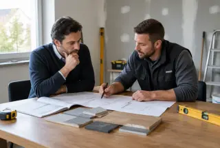 Un propriétaire et un artisan comparent des plans et un cahier des charges dans une pièce en rénovation.