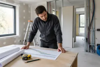 Professionnel consultant un calendrier de chantier dans une pièce en rénovation.